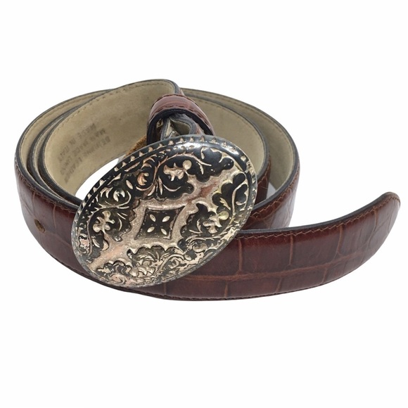 VINTAGE Belt Genuine Leather Metal Buckle Oval Southwestern Western Size Medium - Picture 1 of 8